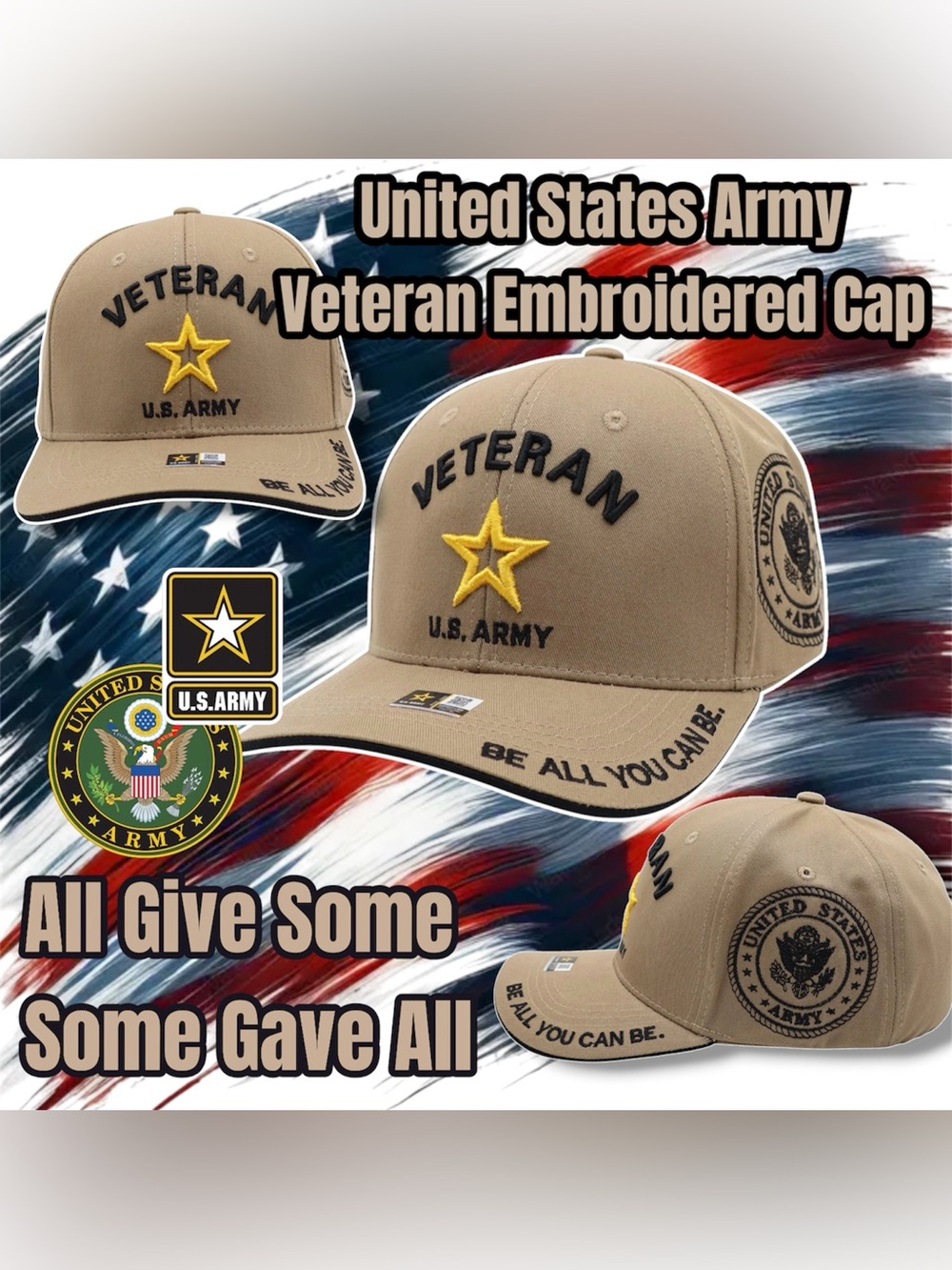 United States Army Veteran Embroidered Cap, One Size (Adjustable Strap), (Khaki)